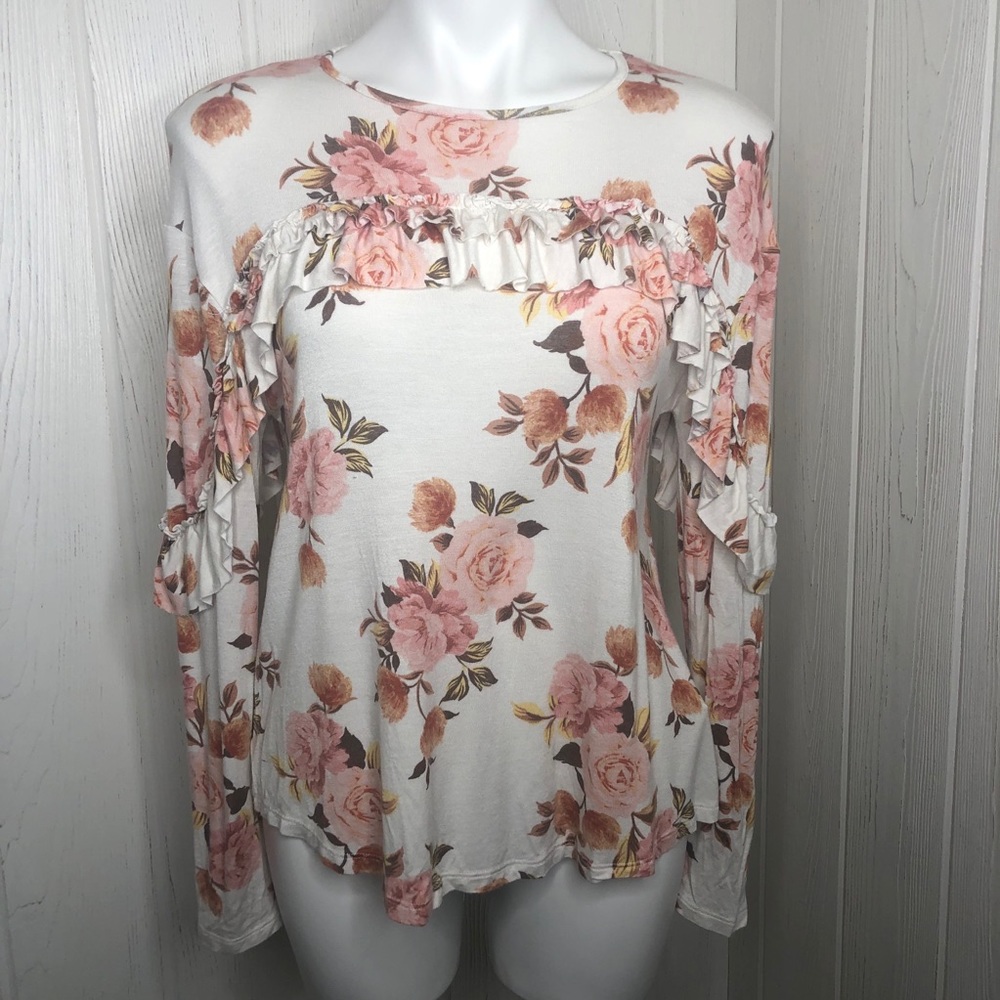 Skylar & Jade Ruffled Floral Top Knit Pink White Small L/S Womens